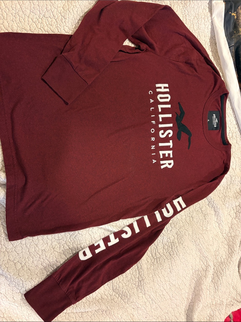 Hollister Men's Long-Sleeve Logo Tee — Burgundy with White & Black Accents
